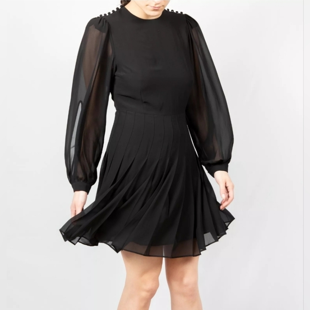 The Kooples Pleated Black Chiffon Dress Womens Size 3/ Medium Long Open Sleeve